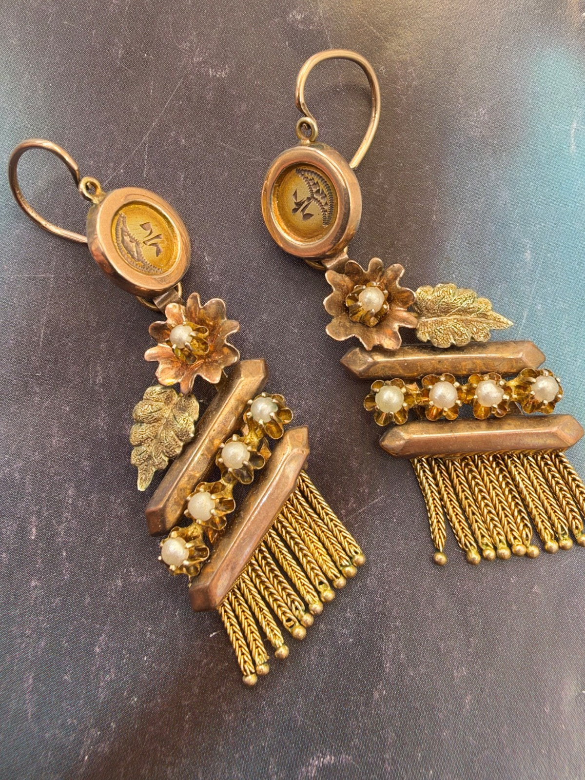 Orecchini borbonici lunghi in oro rosso 6/7 kt con microperle, fine '800 – foto 8