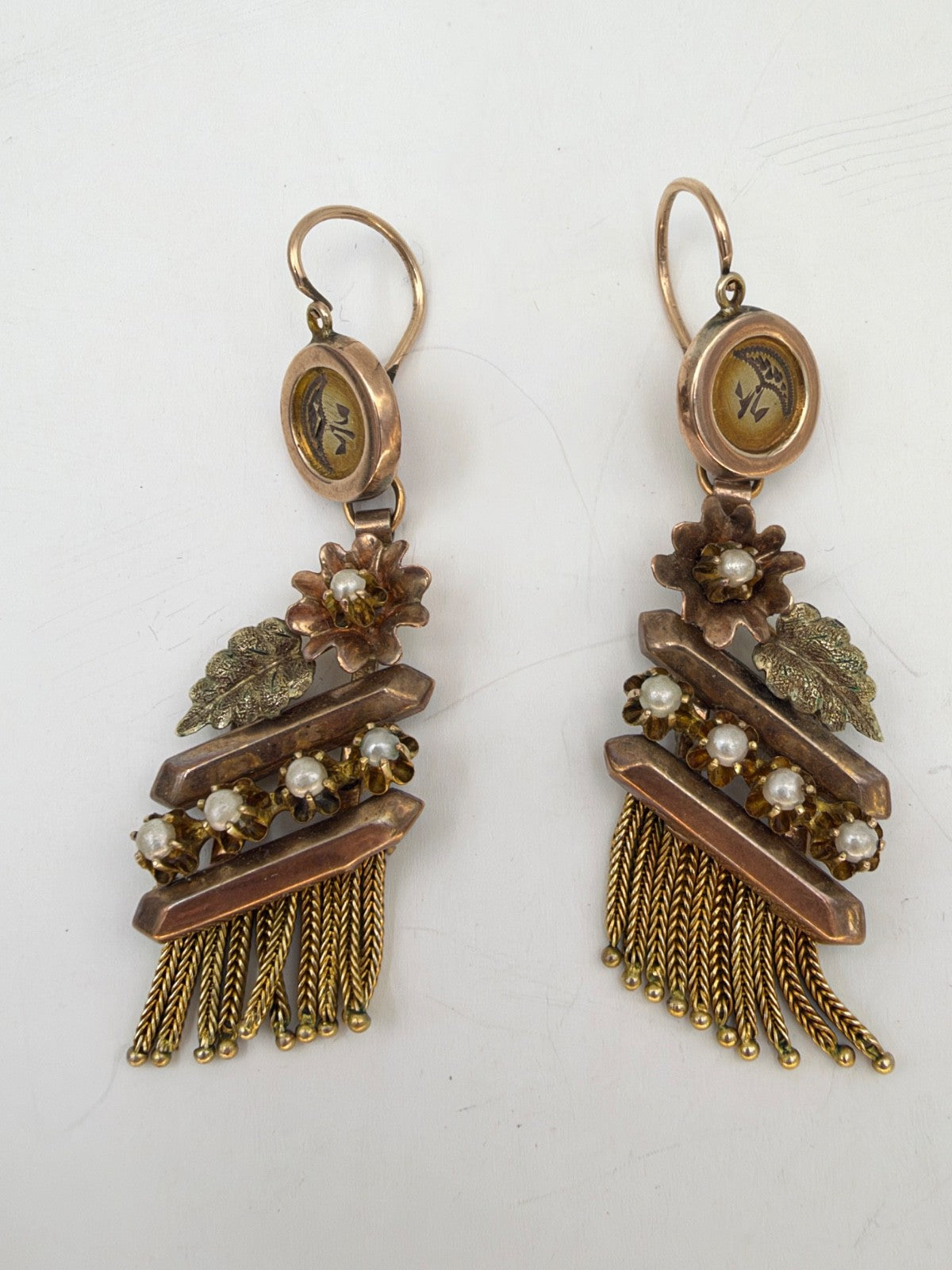 Orecchini borbonici lunghi in oro rosso 6/7 kt con microperle, fine '800 – foto 7