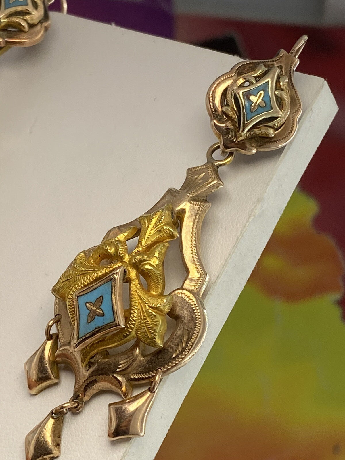 Orecchini borbonici in oro rosso 6/7 kt con smalti azzurri, '800 – foto 8