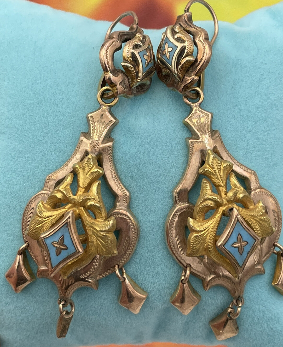 Orecchini borbonici in oro rosso 6/7 kt con smalti azzurri, '800 – foto 3