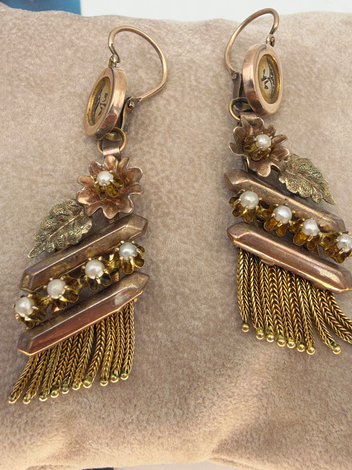 Orecchini borbonici lunghi in oro rosso 6/7 kt con microperle, fine '800 – foto 11