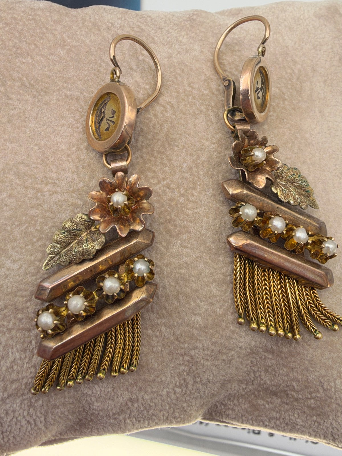 Orecchini borbonici lunghi in oro rosso 6/7 kt con microperle, fine '800 – foto 6