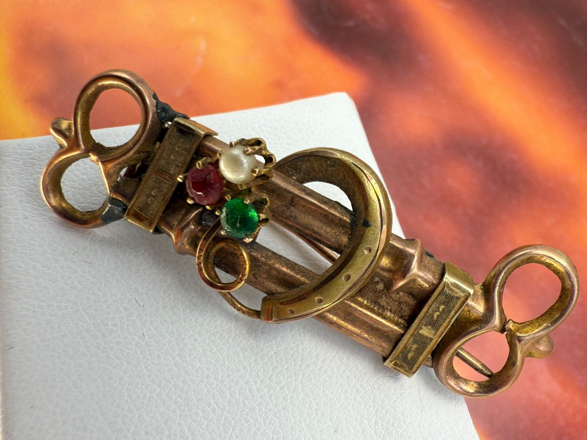 Spilla borbonica a doppia chiave in oro 6/7 kt con paste vitree, fine '800