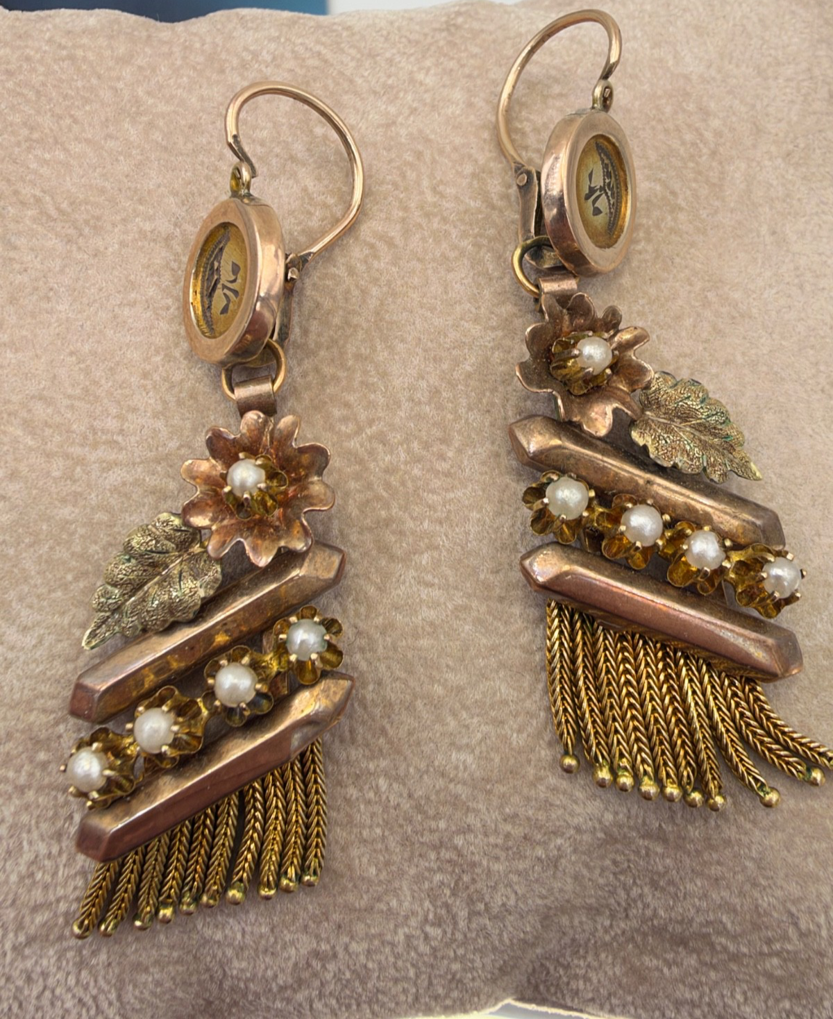 Orecchini borbonici lunghi in oro rosso 6/7 kt con microperle, fine '800 – foto 5