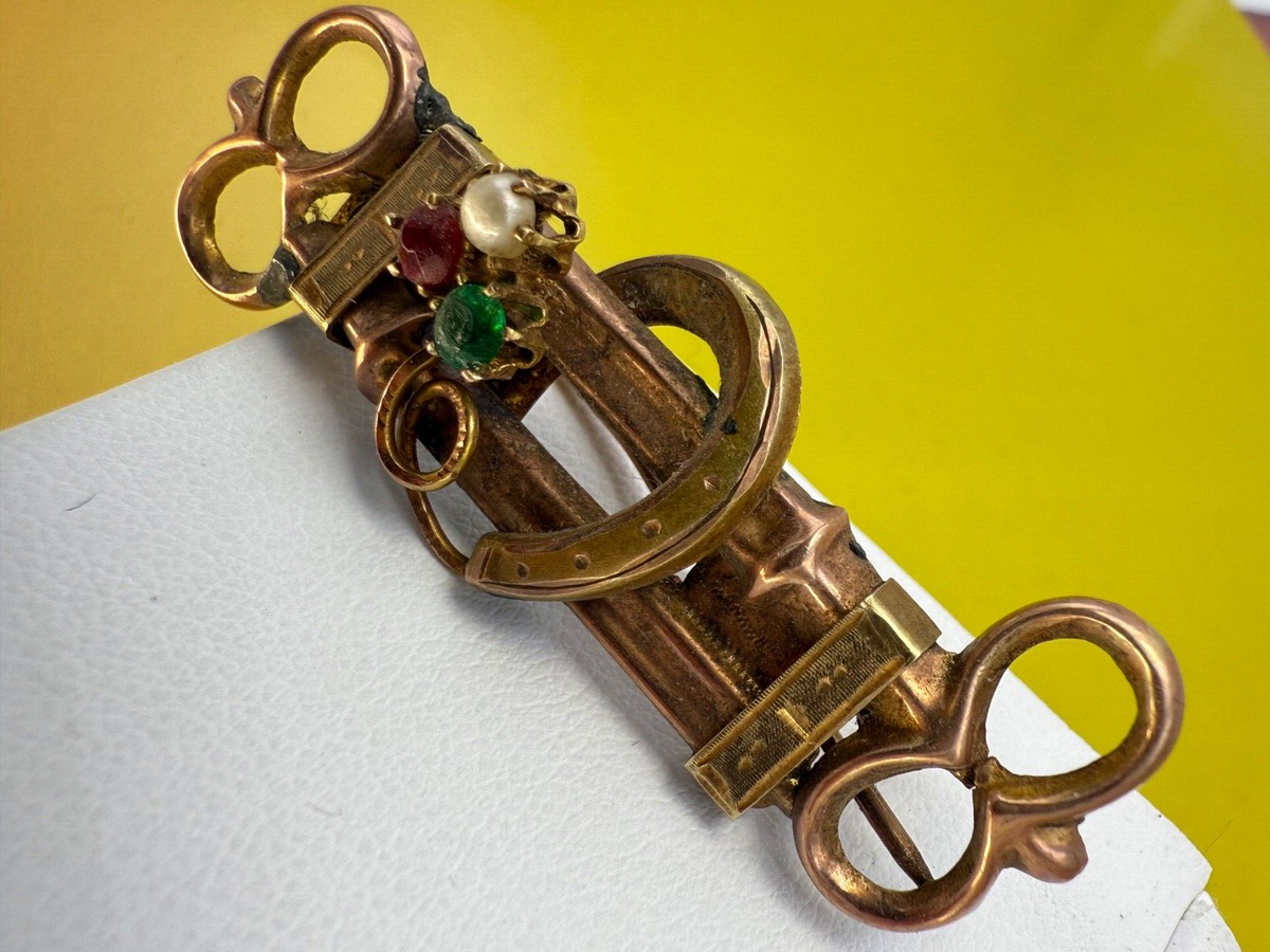 Spilla borbonica a doppia chiave in oro 6/7 kt con paste vitree, fine '800 – foto 6