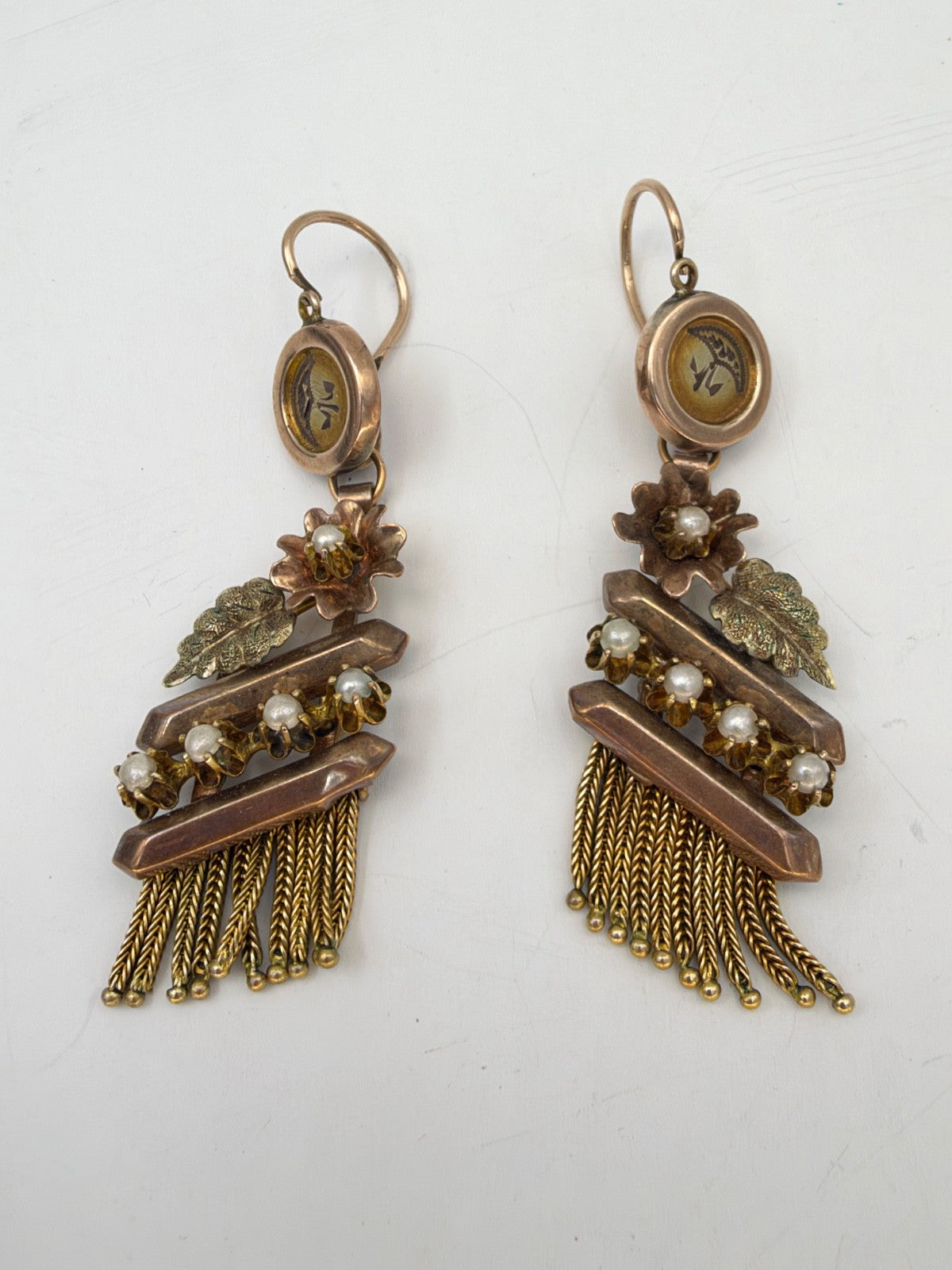 Orecchini borbonici lunghi in oro rosso 6/7 kt con microperle, fine '800 – foto 10