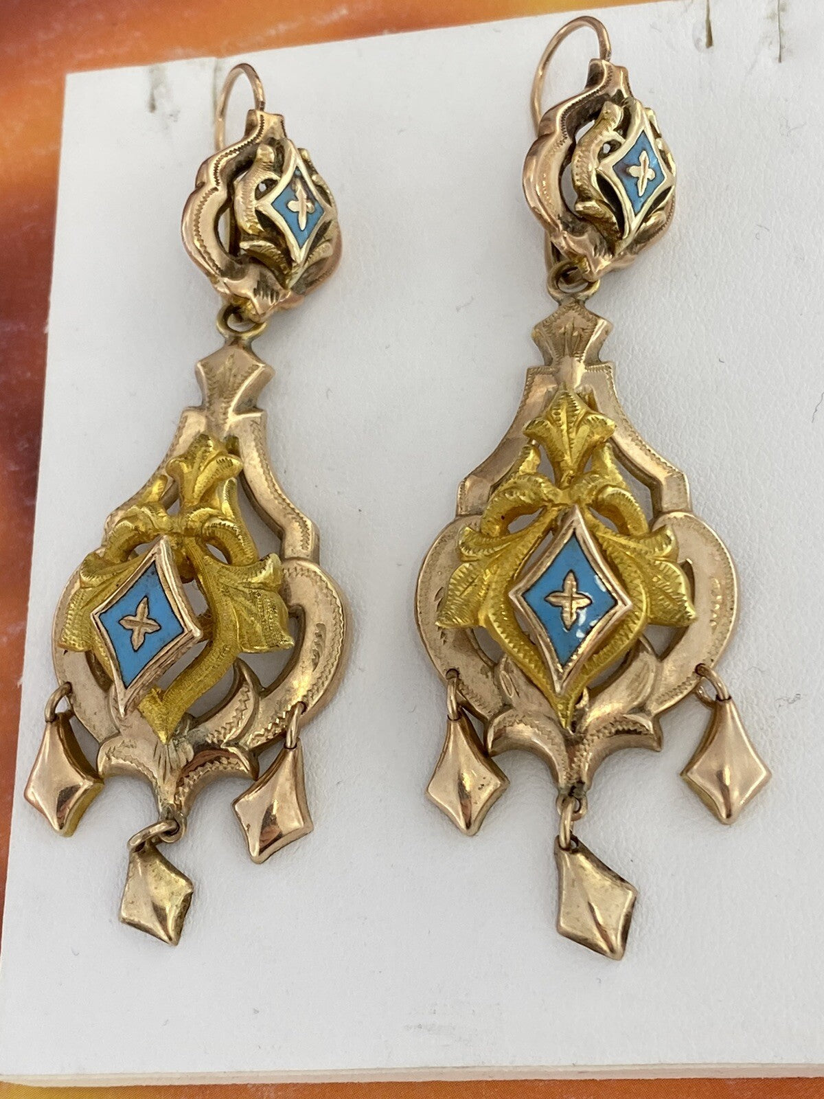 Orecchini borbonici in oro rosso 6/7 kt con smalti azzurri, '800 – foto 5