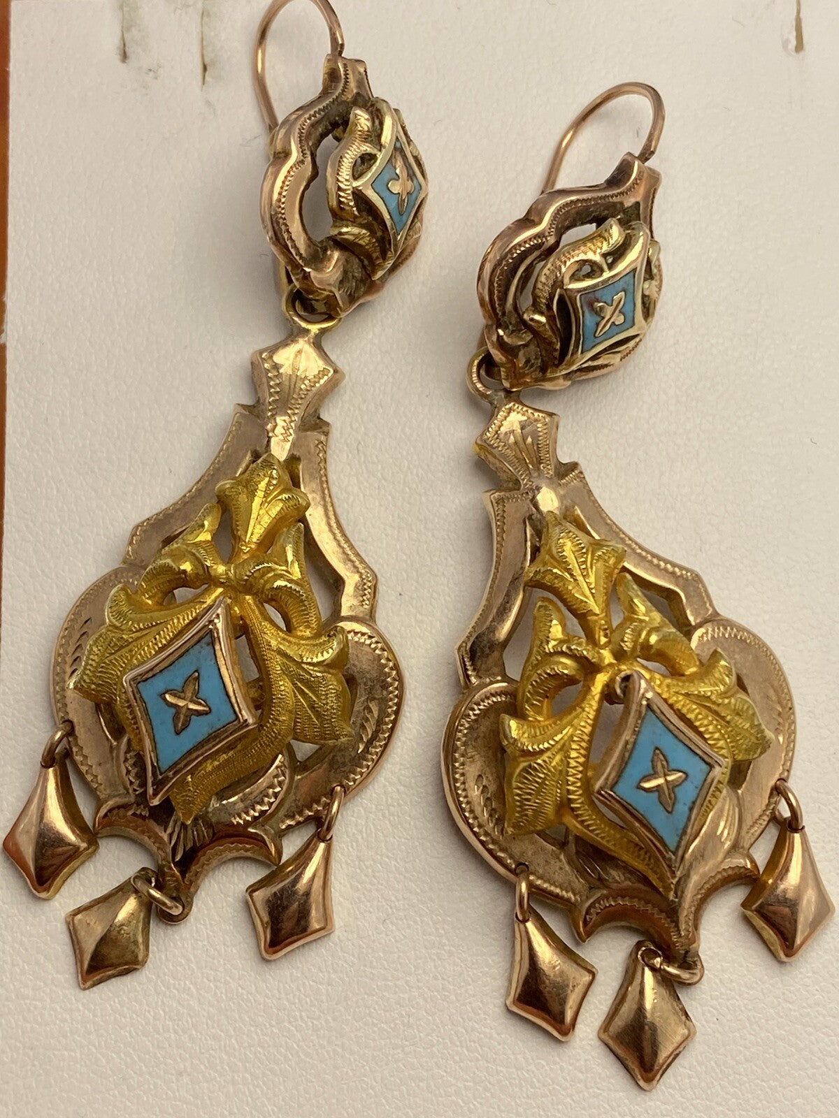 Orecchini borbonici in oro rosso 6/7 kt con smalti azzurri, '800 – foto 10