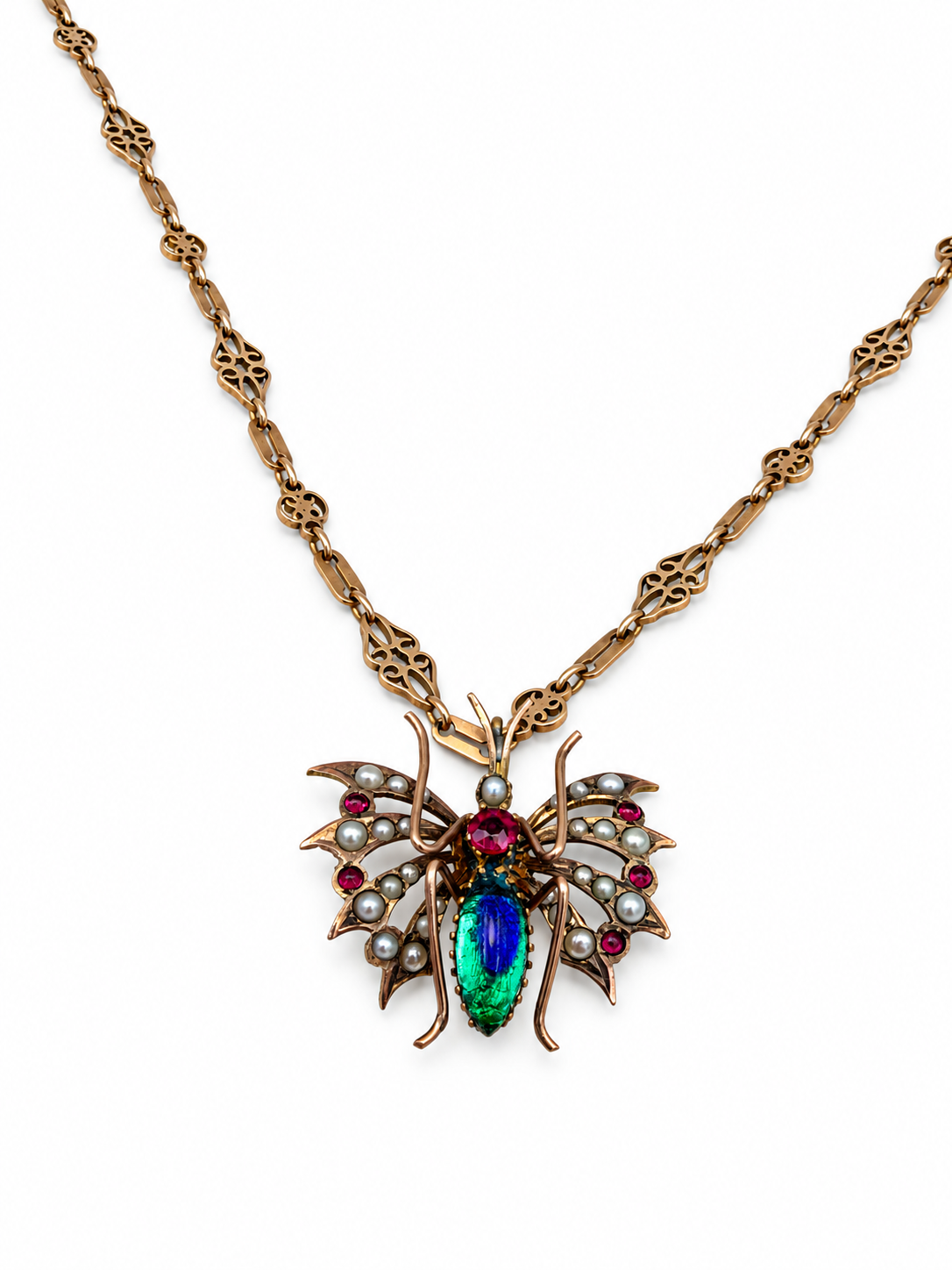 Collana antica in oro 6/7 kt con pendente a farfalla, perle e pietre rosse