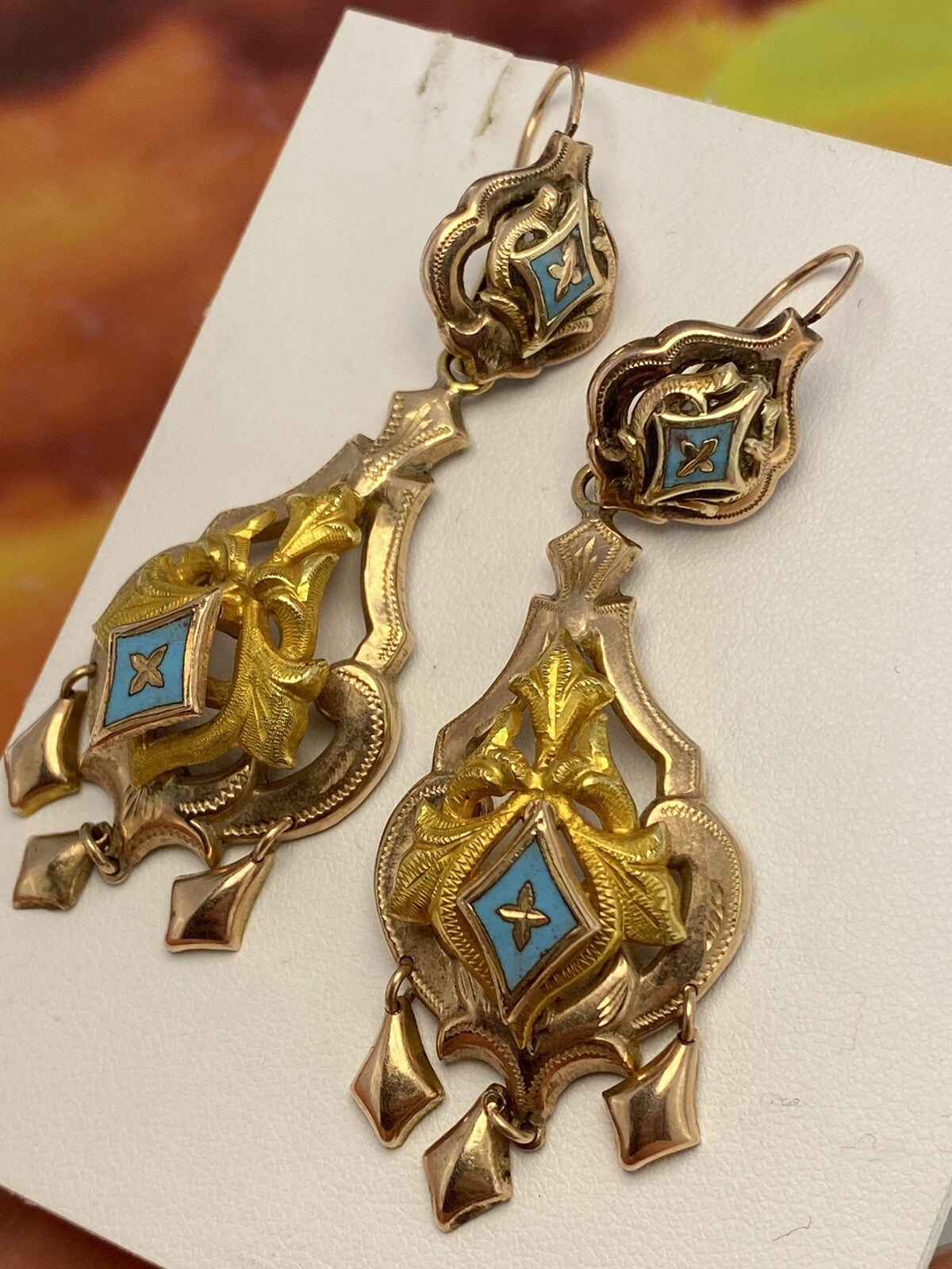 Orecchini borbonici in oro rosso 6/7 kt con smalti azzurri, '800 – foto 4