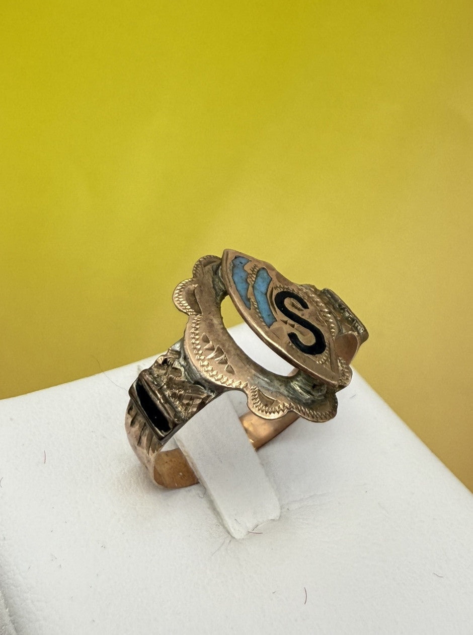 Anello borbonico con smalti e iniziale S in oro 6/7 kt, fine '800 – foto 5