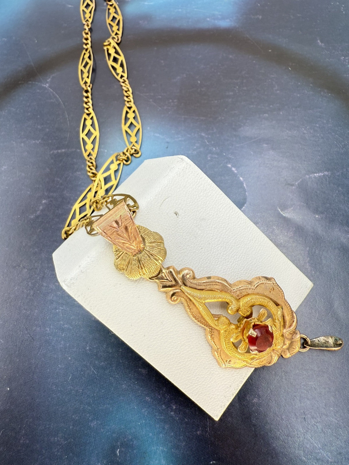 Collana antica in oro 6/7 kt con ciondolo e pietra rossa, inizi '900 – foto 13