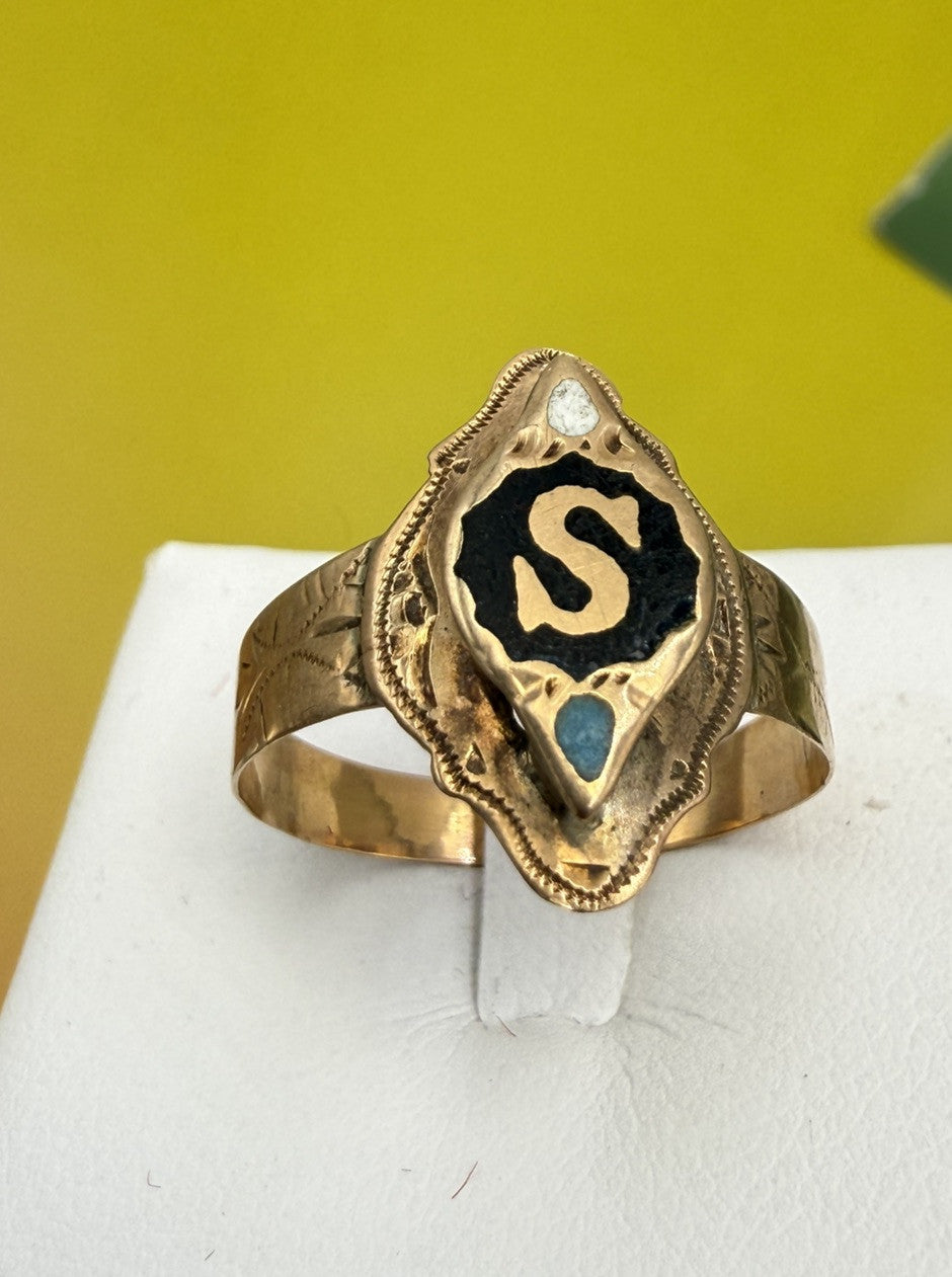 Anello borbonico inciso con lettera S e smalti in oro 6/7 kt, '800 – foto 8