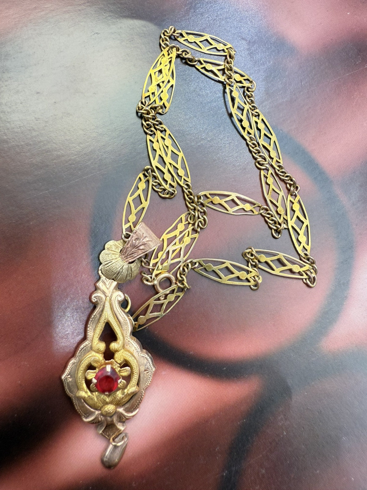 Collana antica in oro 6/7 kt con ciondolo e pietra rossa, inizi '900 – foto 17