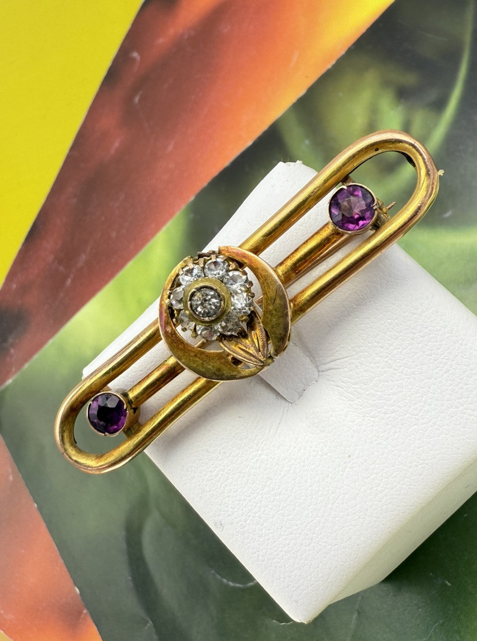 Spilla antica in oro 12 kt con paste vitree bianche e viola, inizi '900 – foto 7