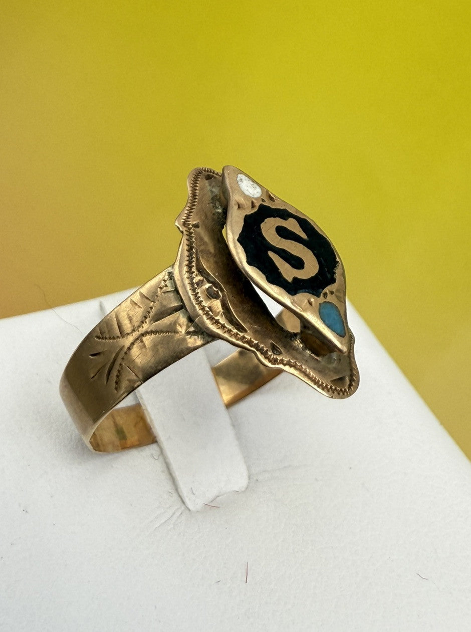 Anello borbonico inciso con lettera S e smalti in oro 6/7 kt, '800 – foto 9