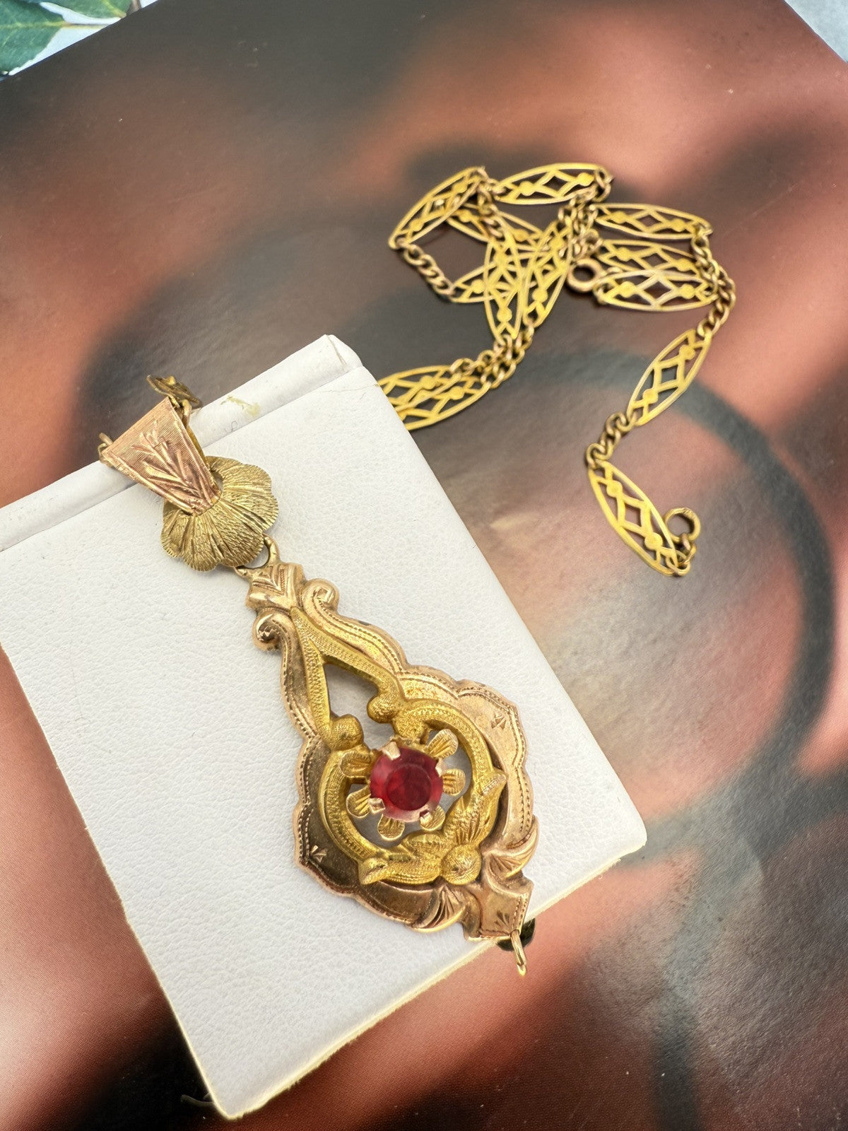 Collana antica in oro 6/7 kt con ciondolo e pietra rossa, inizi '900 – foto 14