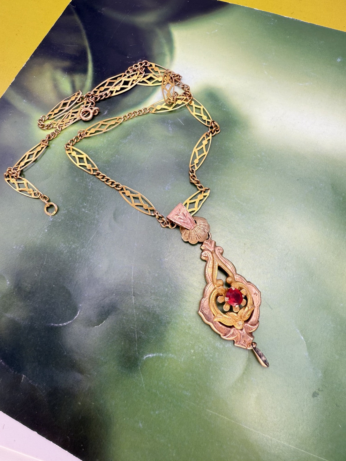 Collana antica in oro 6/7 kt con ciondolo e pietra rossa, inizi '900 – foto 15