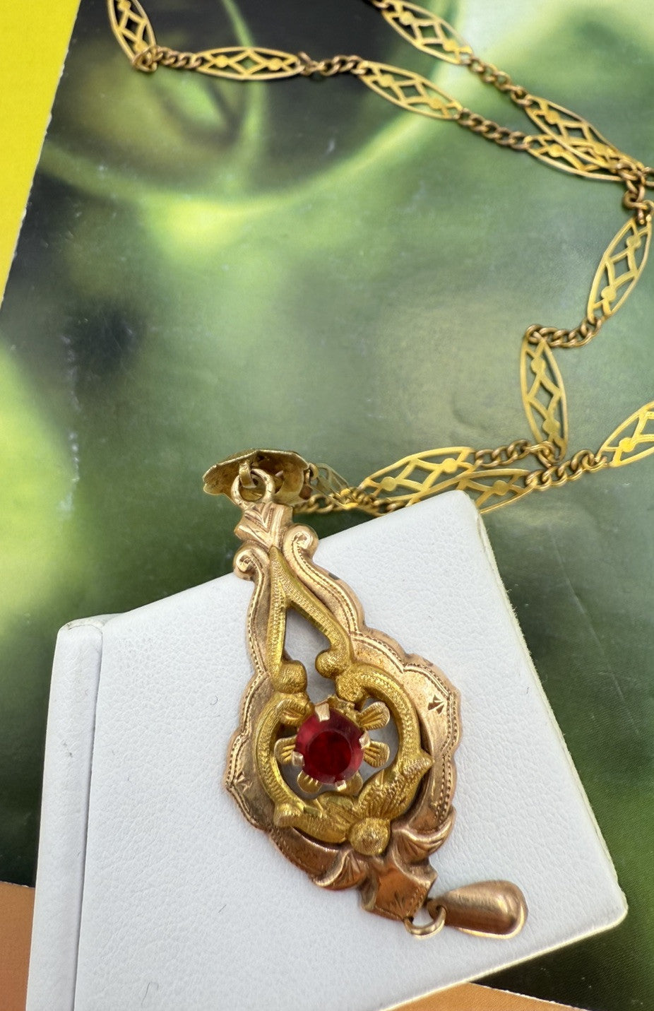 Collana antica in oro 6/7 kt con ciondolo e pietra rossa, inizi '900 – foto 8