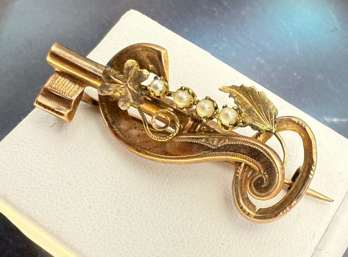 Spilla borbonica in oro 6/7 kt con microperle, fine '800 – foto 2