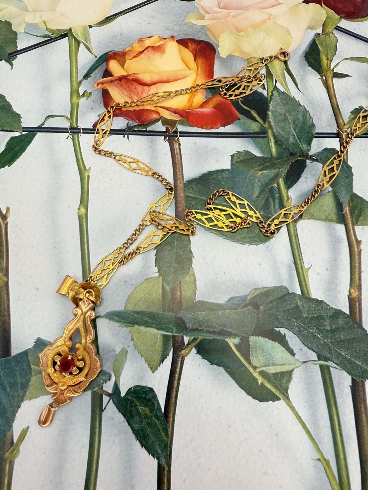 Collana antica in oro 6/7 kt con ciondolo e pietra rossa, inizi '900 – foto 12