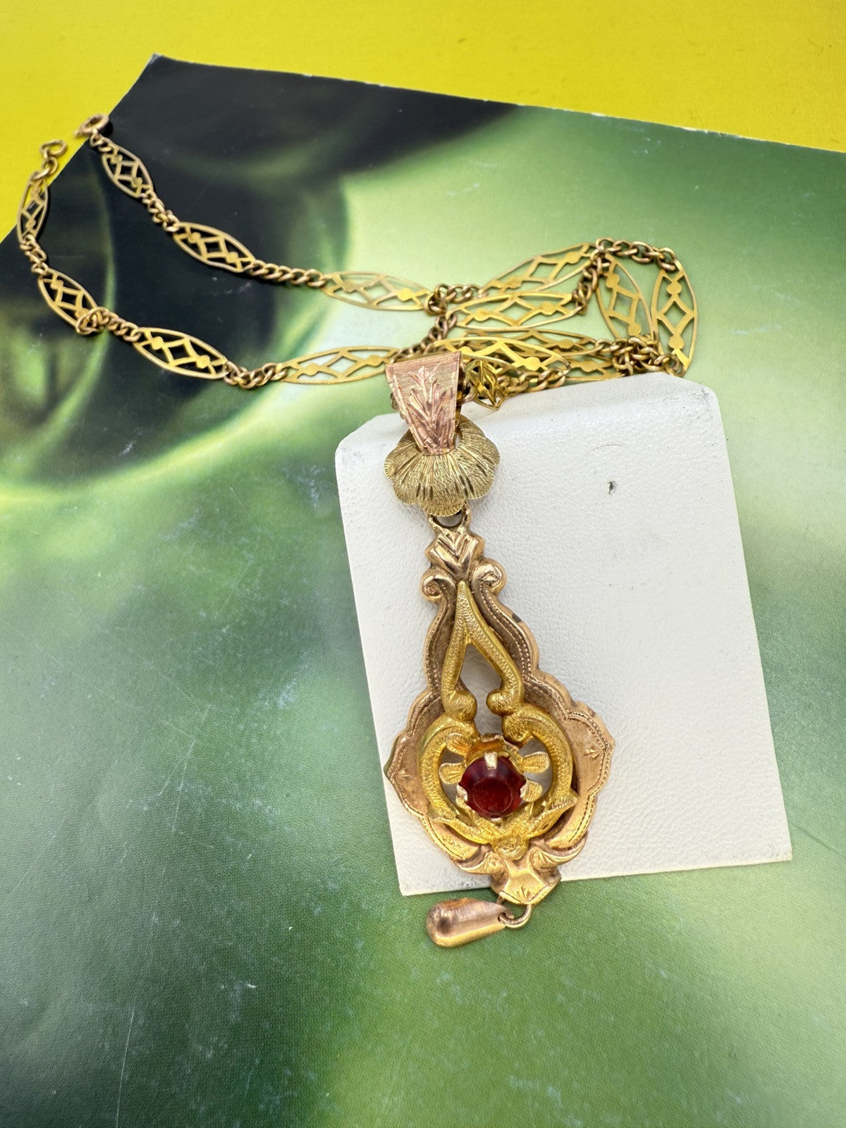 Collana antica in oro 6/7 kt con ciondolo e pietra rossa, inizi '900 – foto 16