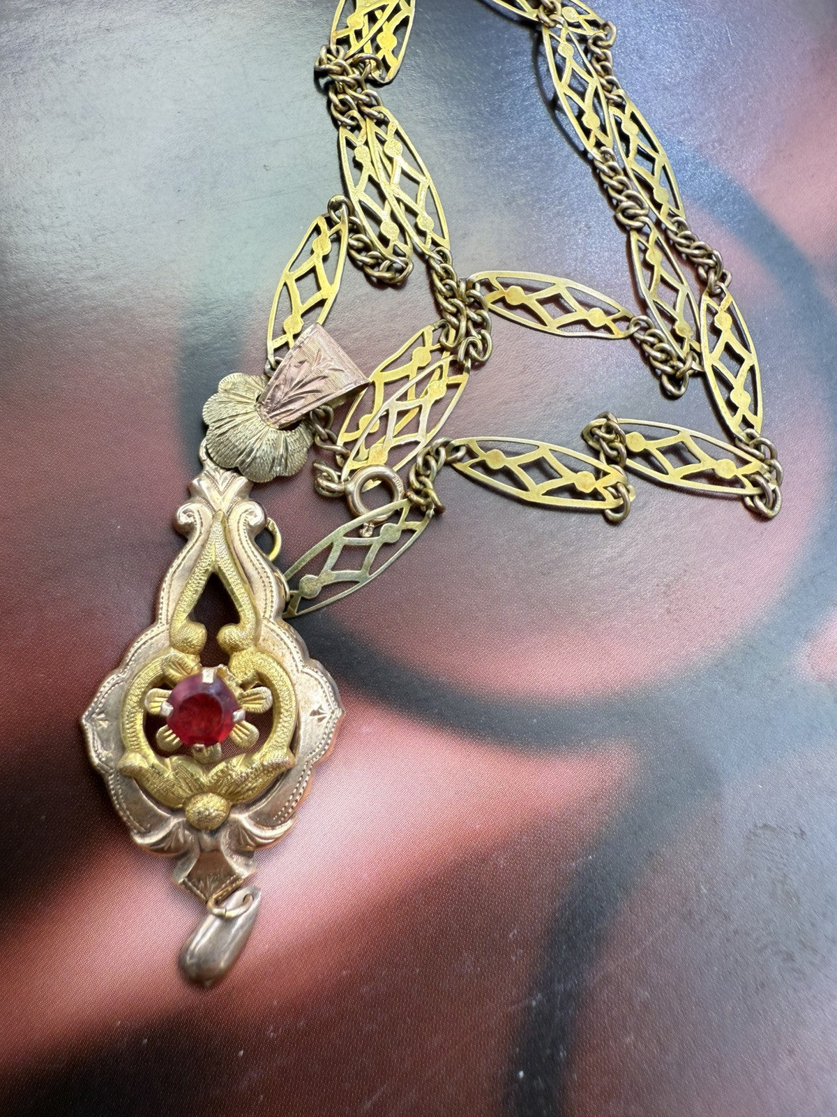 Collana antica in oro 6/7 kt con ciondolo e pietra rossa, inizi '900 – foto 18
