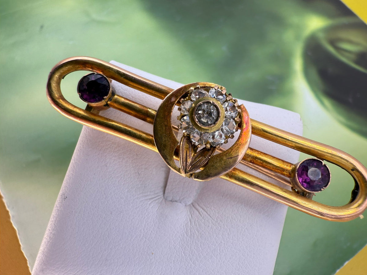 Spilla antica in oro 12 kt con paste vitree bianche e viola, inizi '900 – foto 4