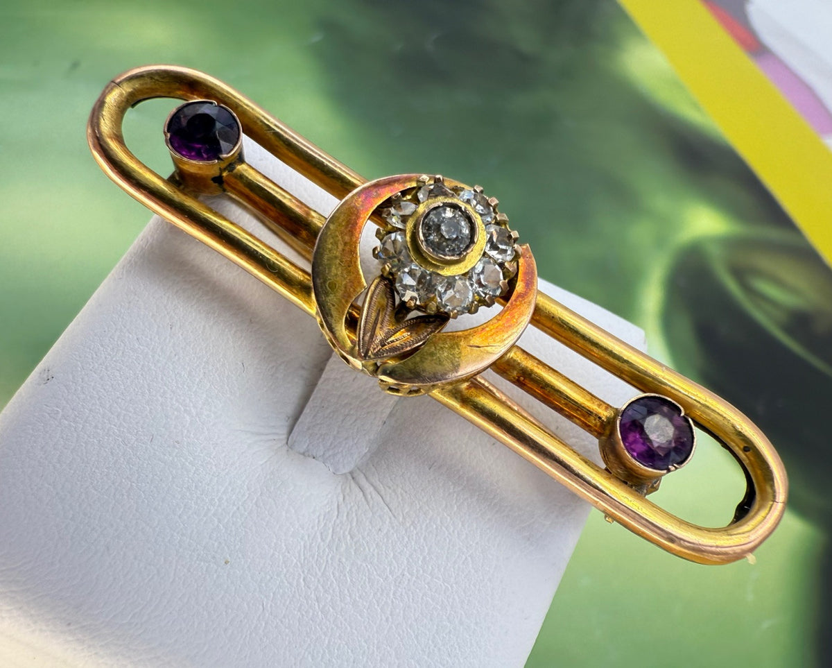 Spilla antica in oro 12 kt con paste vitree bianche e viola, inizi '900 – foto 6